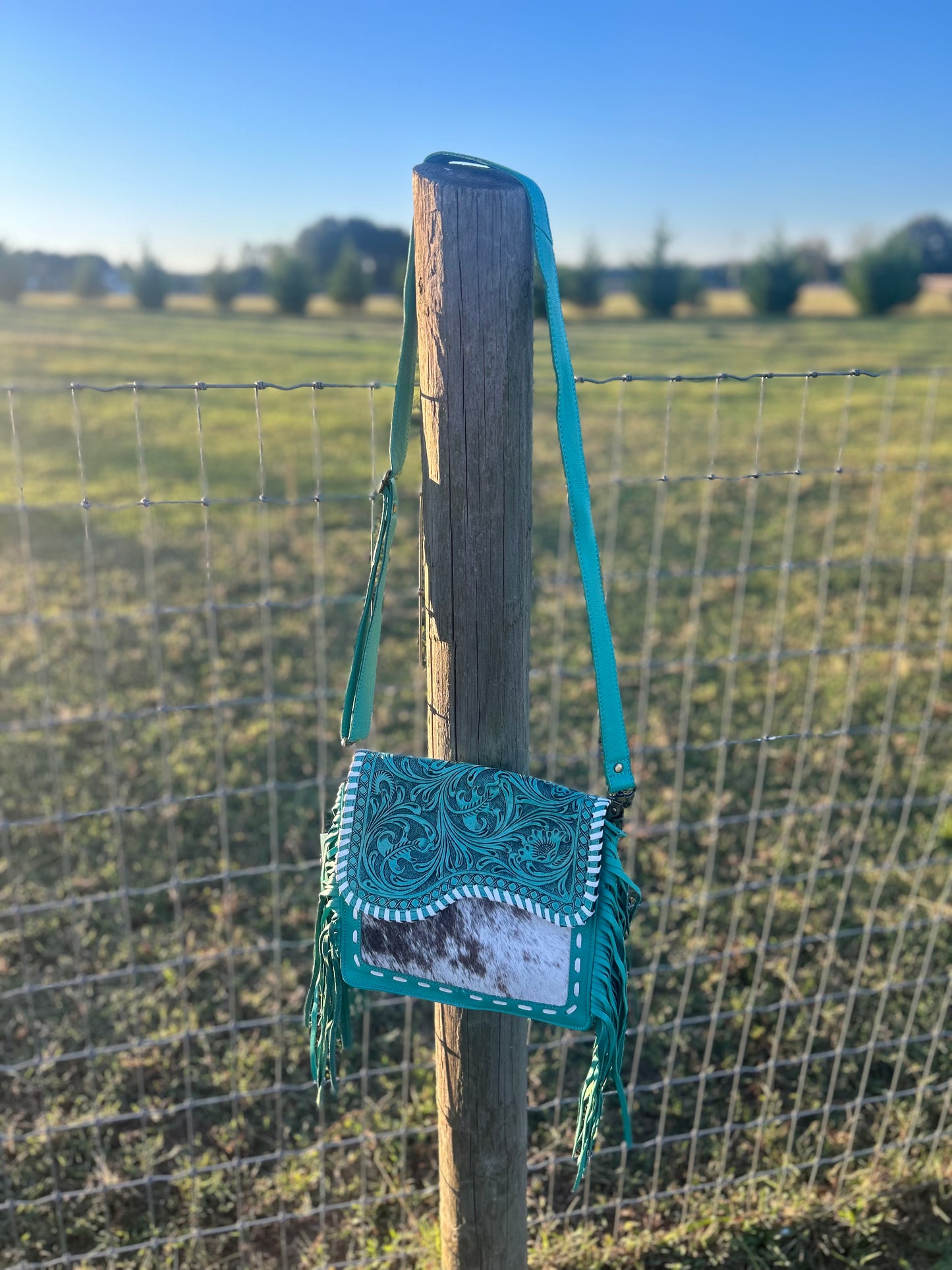 Turquoise Tooled Leather & Cowhide Purse