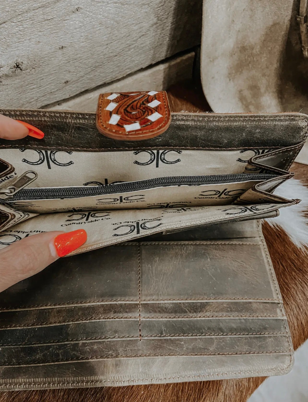 Cowhide with Tooled Leather Women’s Wallet Clutch