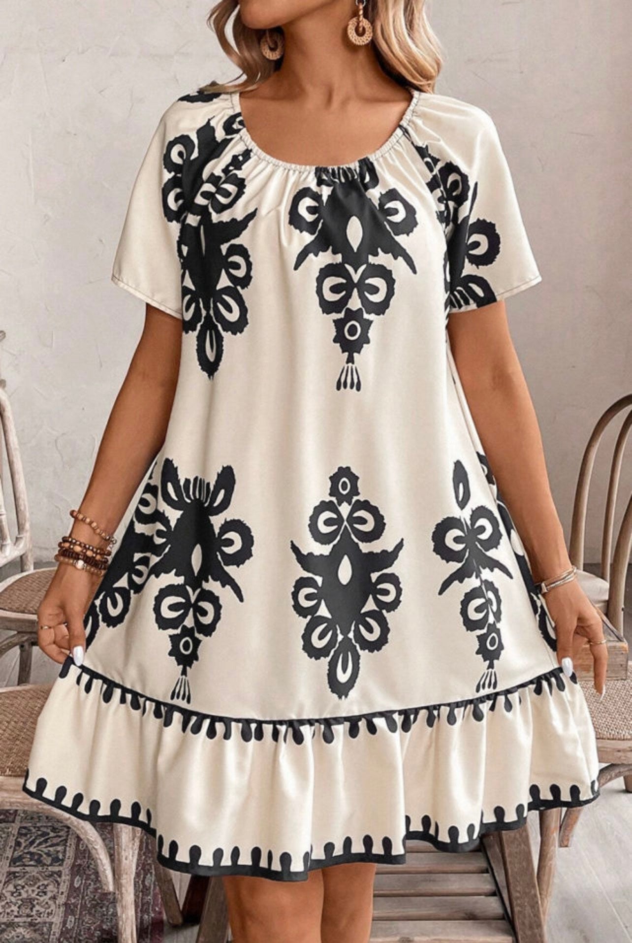 Apricot Western Print Ruffled Short Sleeve Loose Dress
