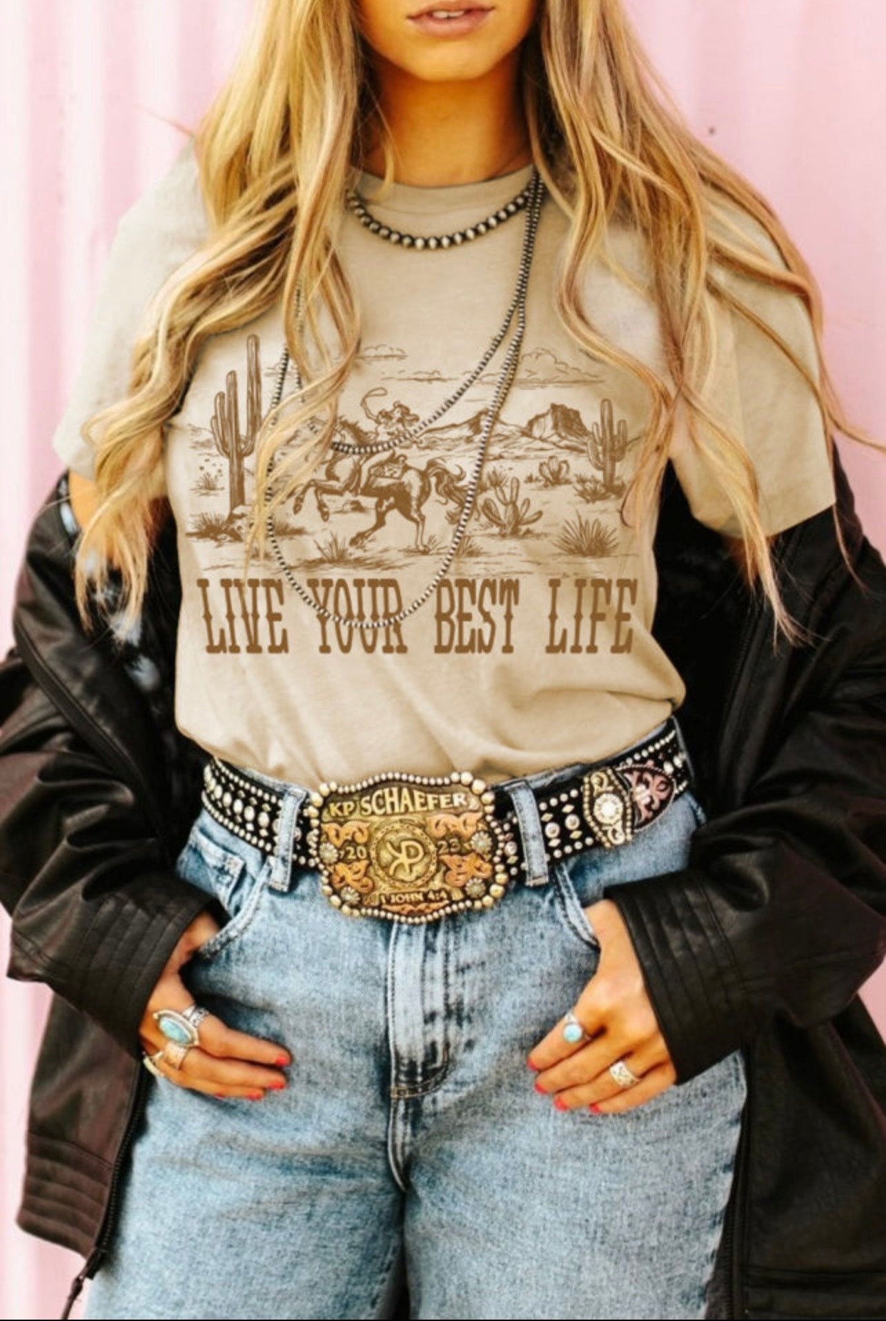 Beige LIVE YOUR BEST LIFE Crew Neck Western Graphic Tee
