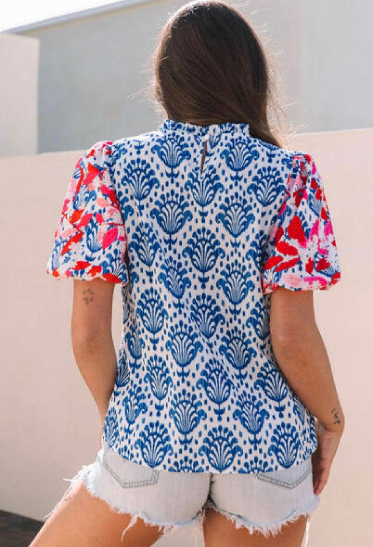 Blue Western Fashion Print Floral Puff Sleeve Frilled Neck Blouse