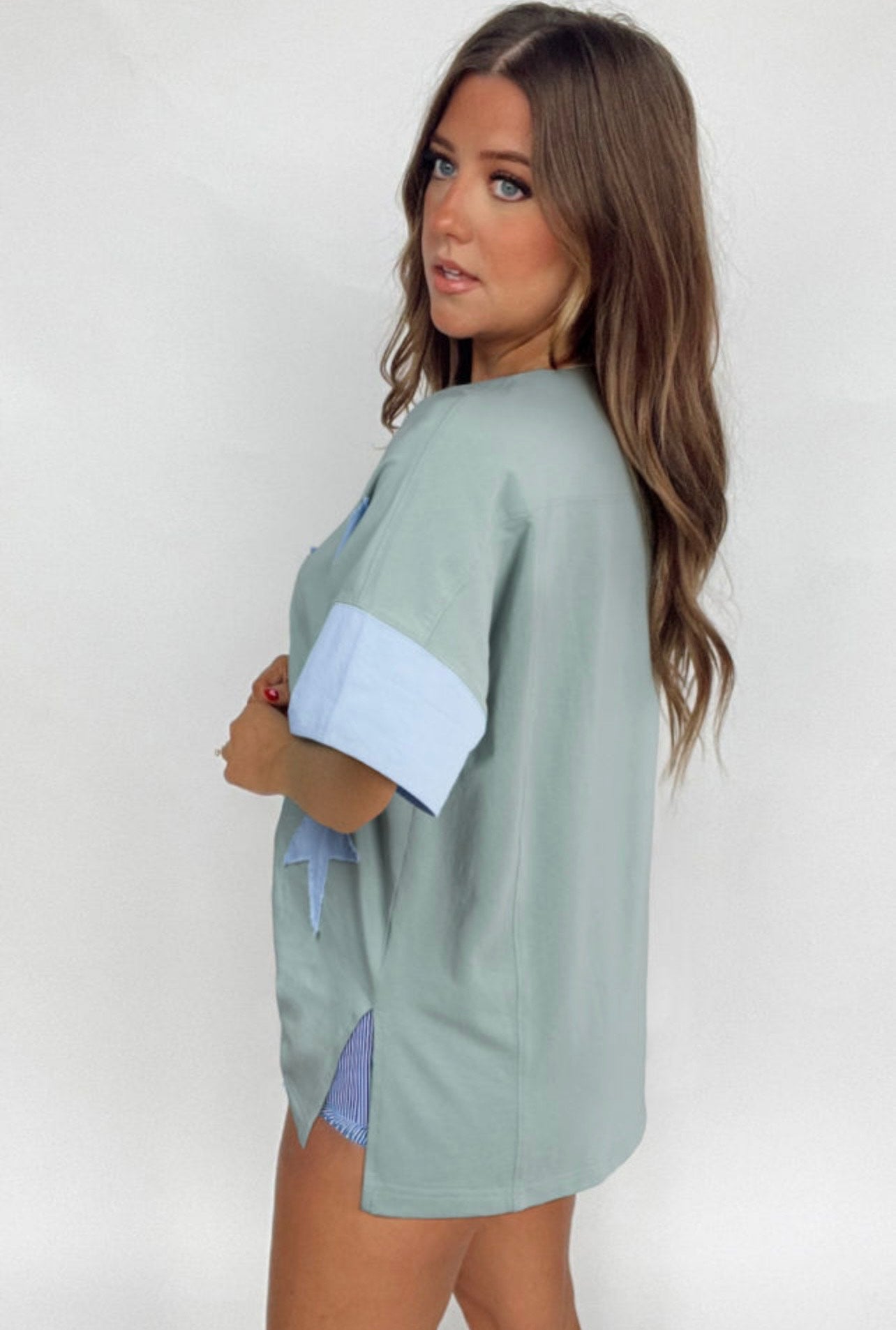 Smoke Green Frayed Denim Star Patched Oversize T-Shirt