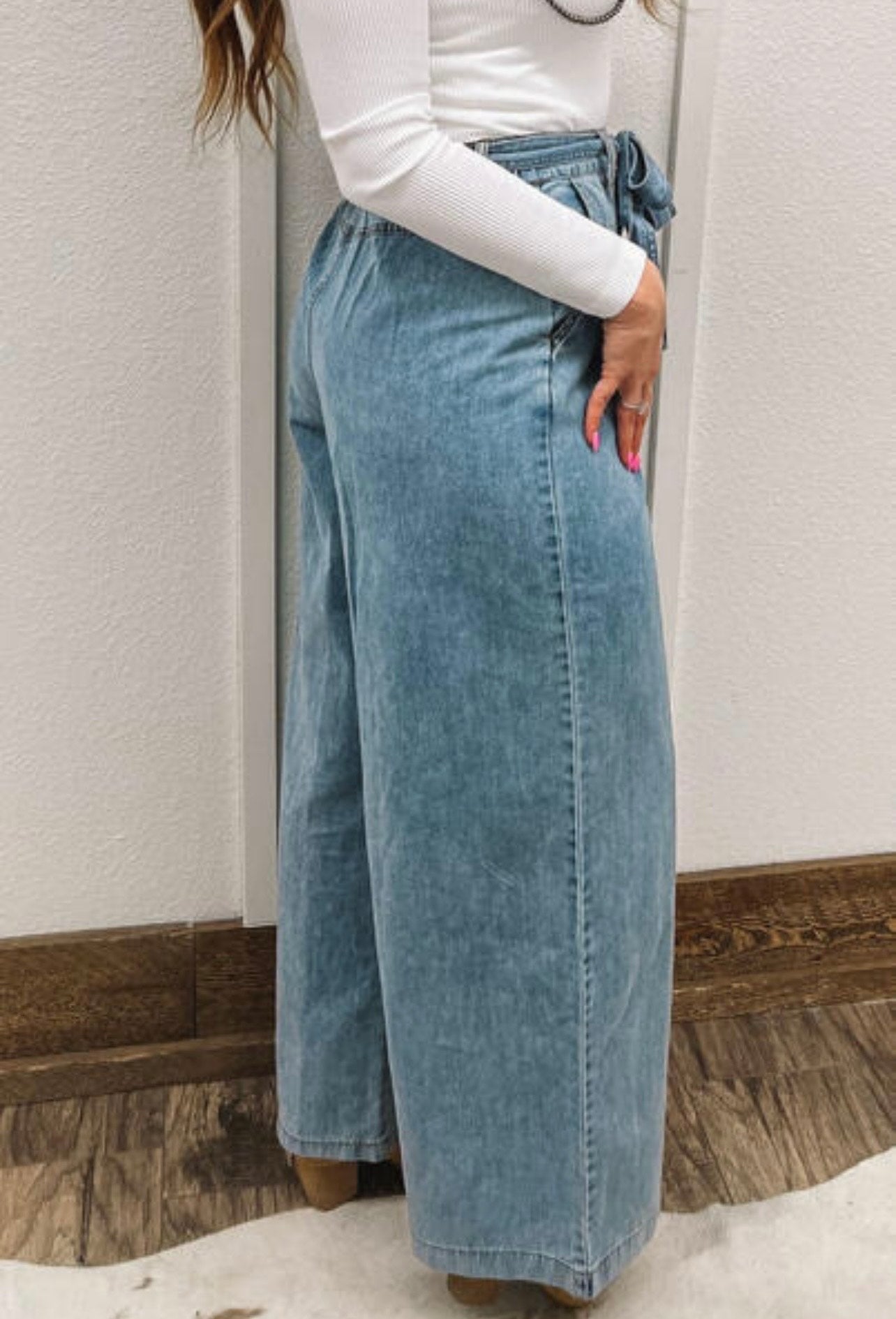 Beau Blue Western Washed Bow Knot Sash Wide Leg Jeans