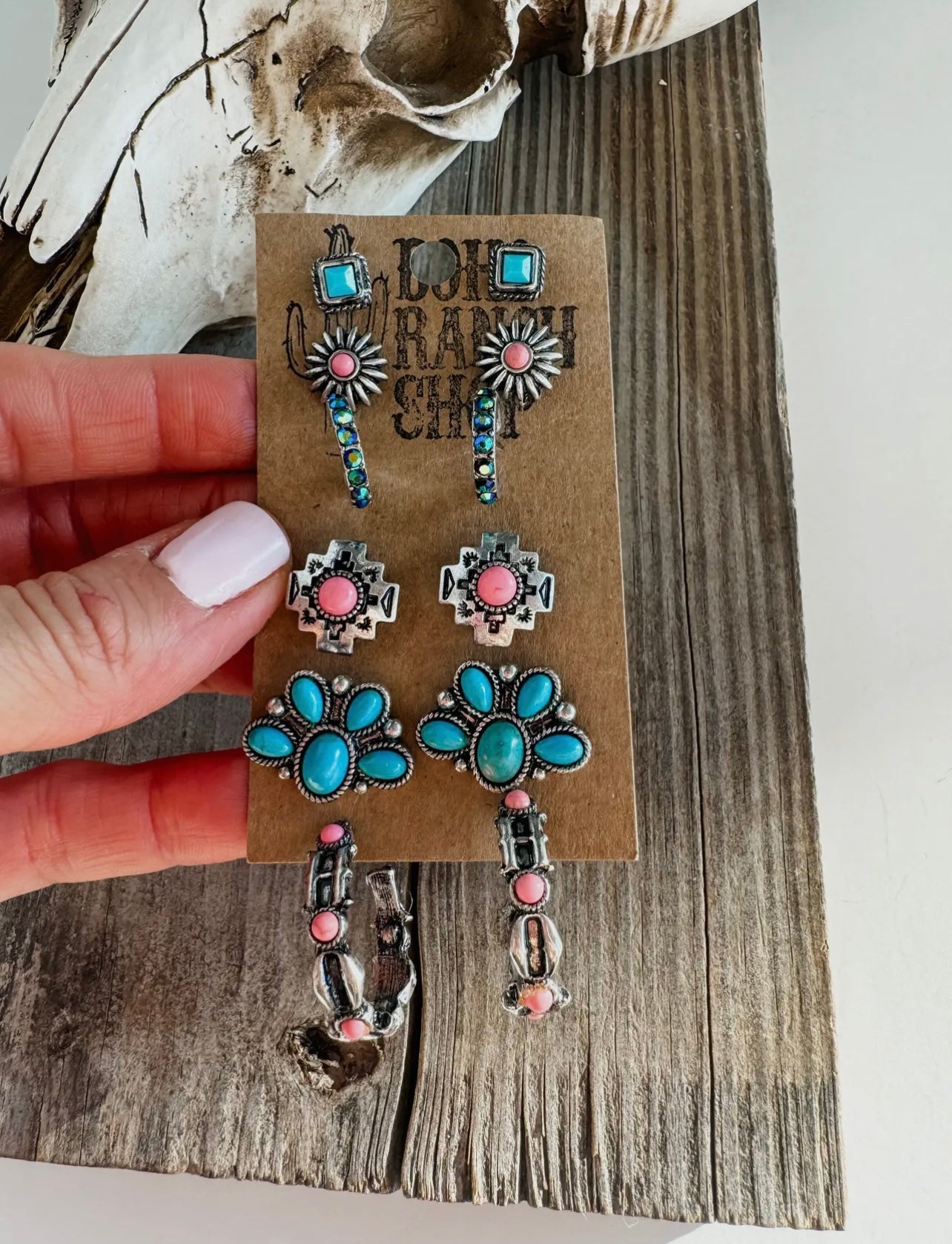 6 Pair Western Navajo Style Rhinestones Stud Earrings Set