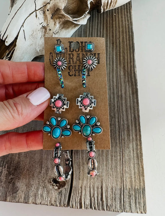 6 Pair Western Navajo Style Rhinestones Stud Earrings Set