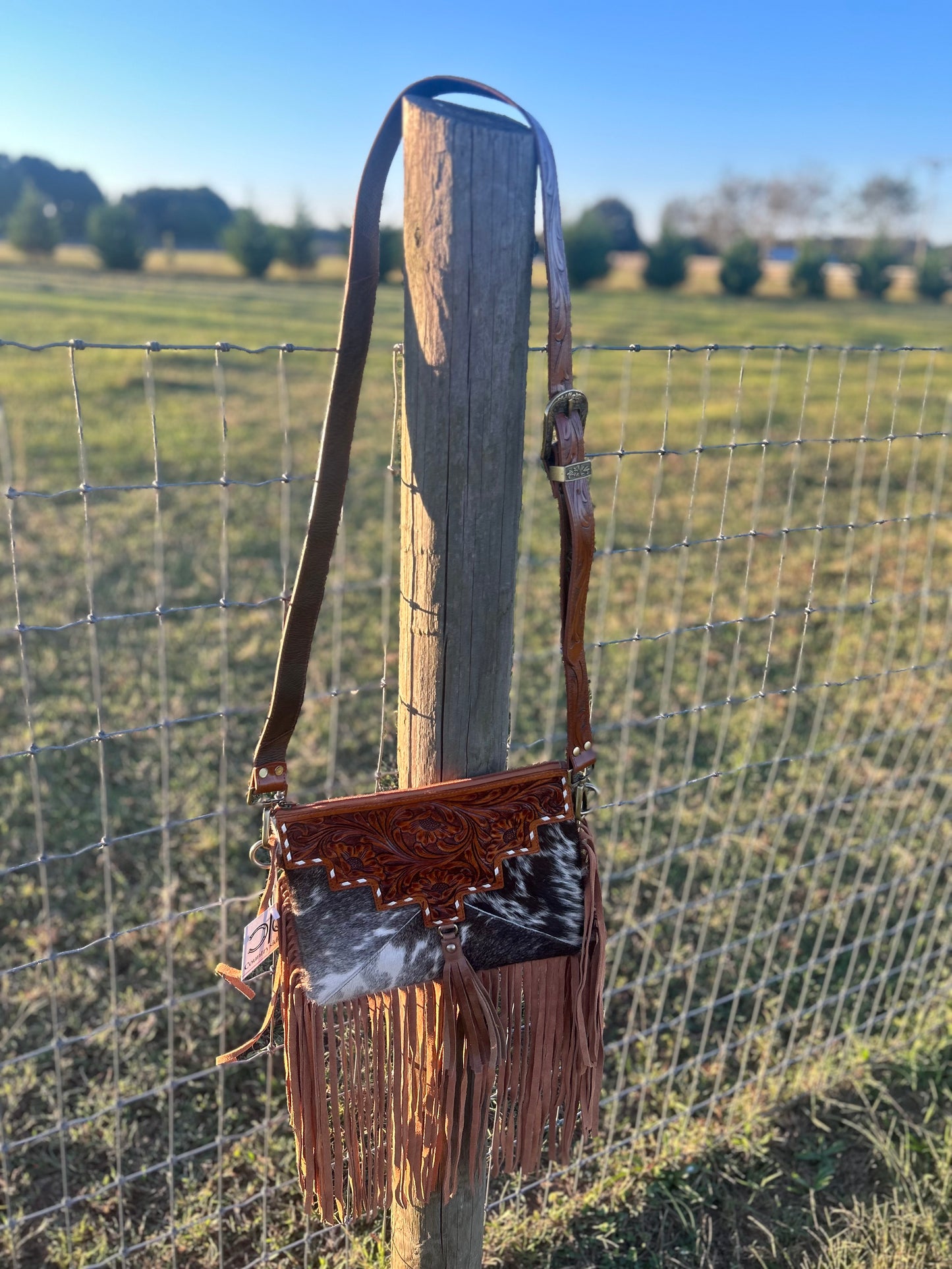 Fort Worth Tooled Leather Cowhide Crossbody, Shoulder Bag