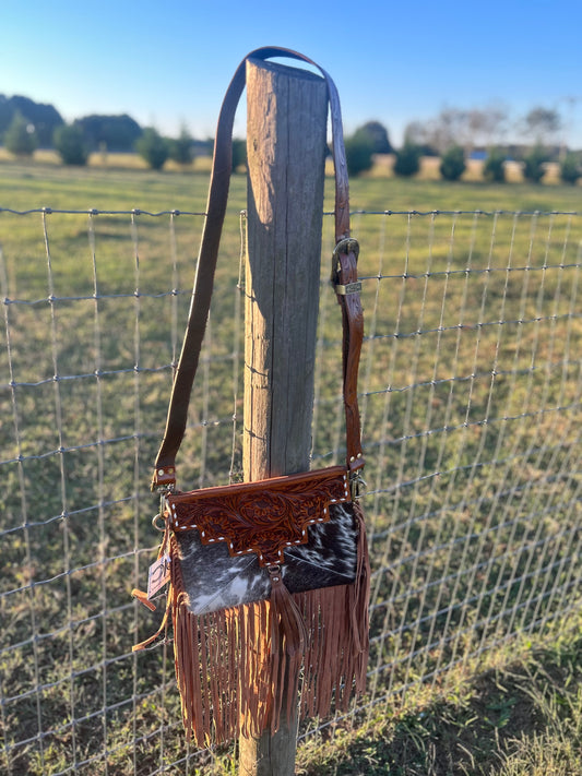 Fort Worth Tooled Leather Cowhide Crossbody, Shoulder Bag