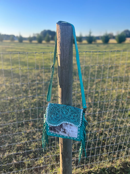 Turquoise Tooled Leather & Cowhide Purse