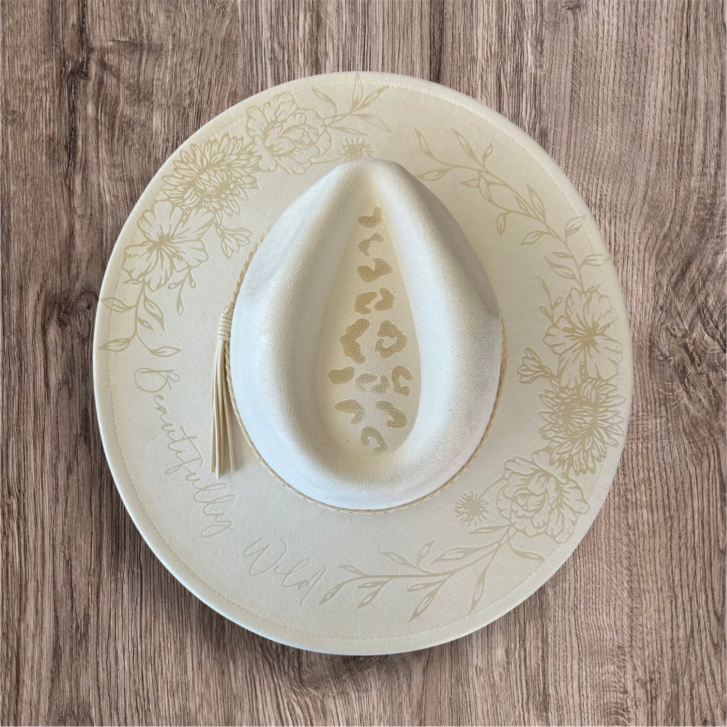 Ivory Engraved Floral With Cheetah Print Hat