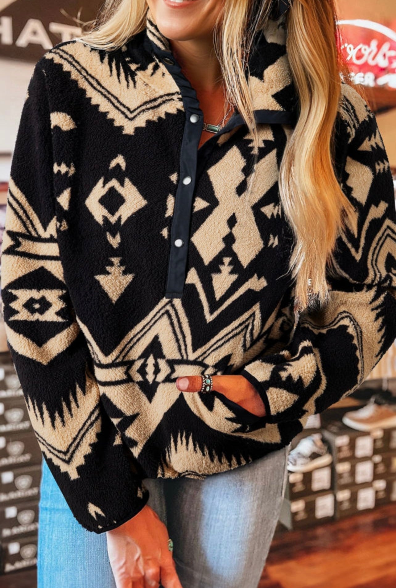 Black Western Aztec Half Zip Plush Sweatshirt