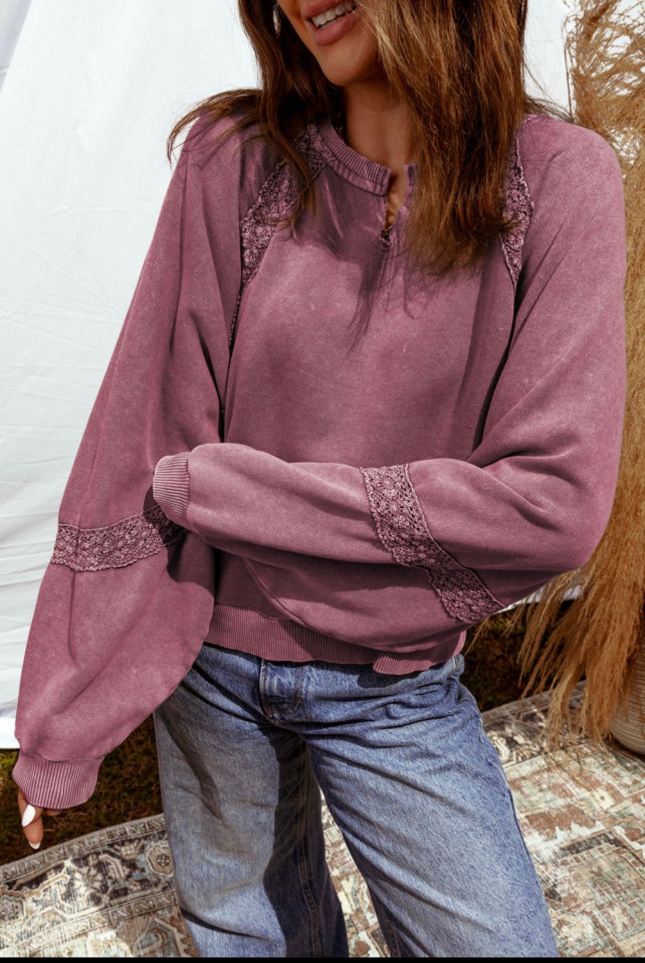 Red Dahlia Lace Patchwork Detail Notched Neck Mineral Wash Baggy Shirt