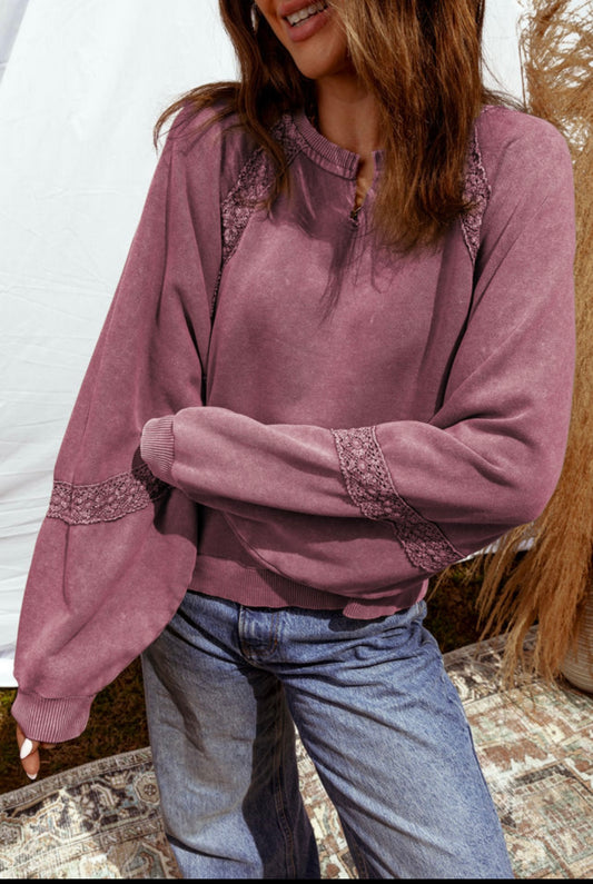 Red Dahlia Lace Patchwork Detail Notched Neck Mineral Wash Baggy Shirt