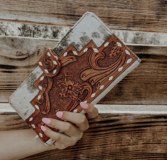 Cowhide with Tooled Leather Women’s Wallet Clutch