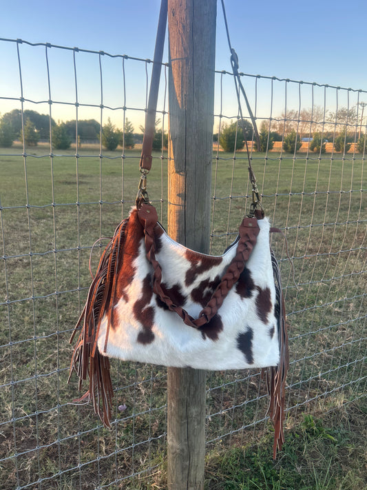 Red and White Cowhide Fringe Purse