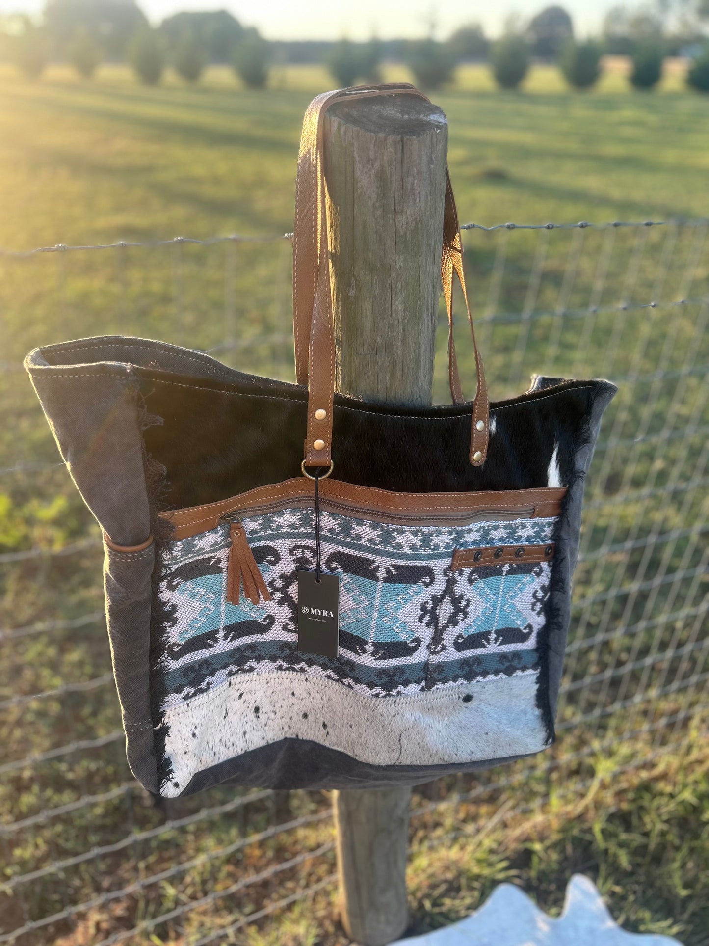 Myra Cowhide Western Turquoise Weekender Travel Bag