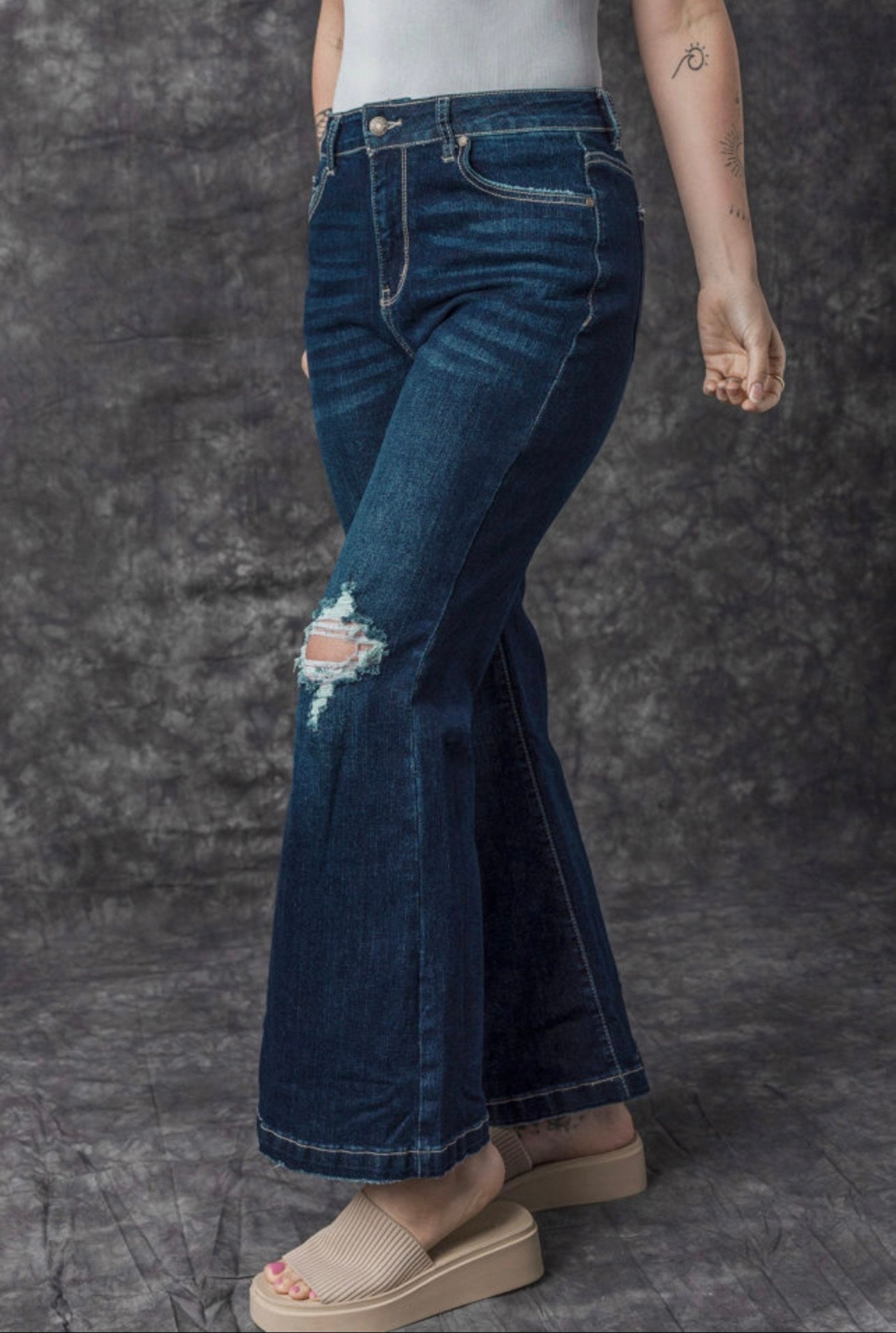 Real Teal High Rise Ripped Bell Bottom Jeans