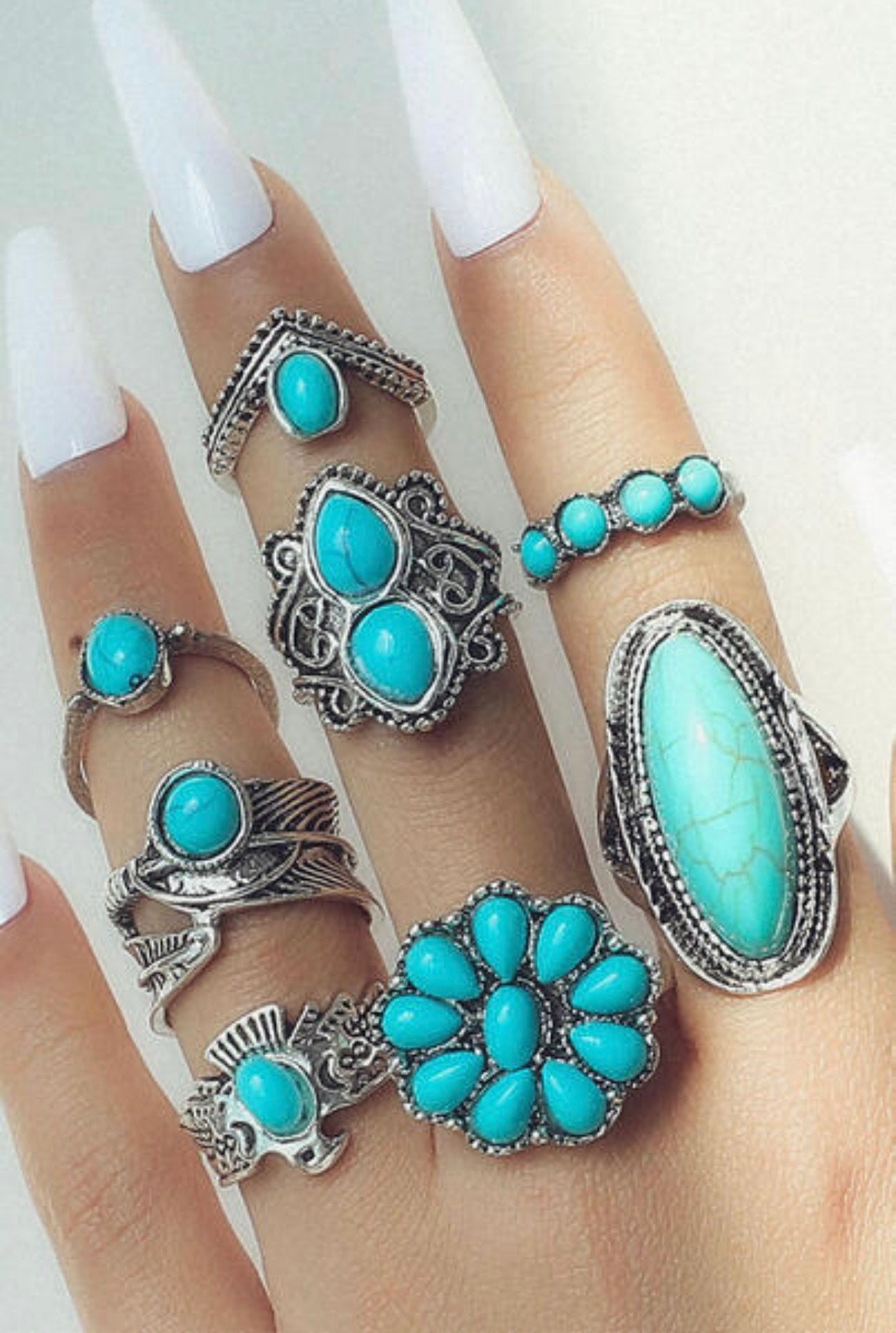 Green Vintage Western Turquoise 8 Piece Ring Set