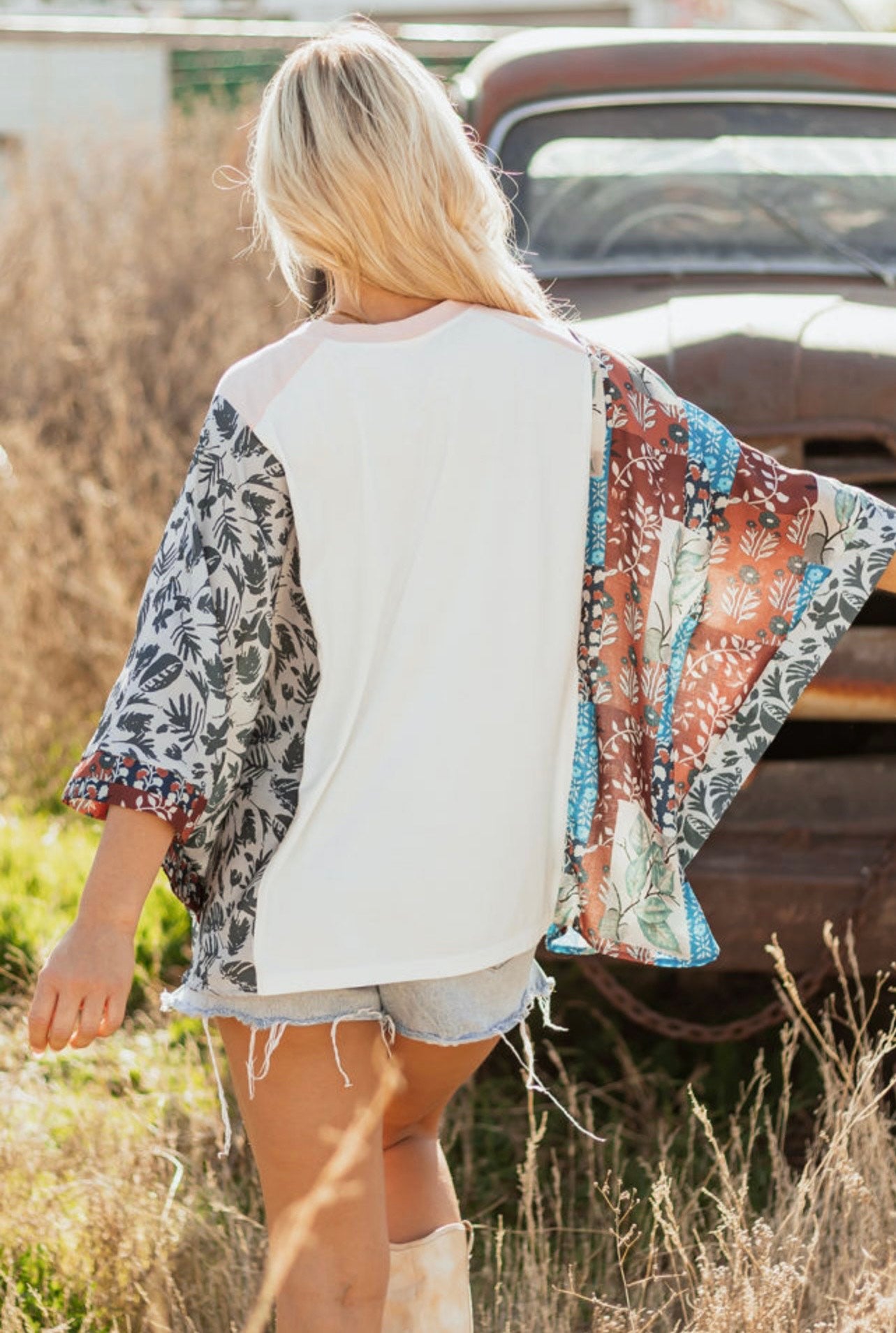 Multicolored Asymmetric Printed Patchwork Sleeve Peace Desert Graphic Top