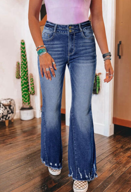 Sail Blue High Rise Dual Button Distressed Raw Hem Flared Jeans