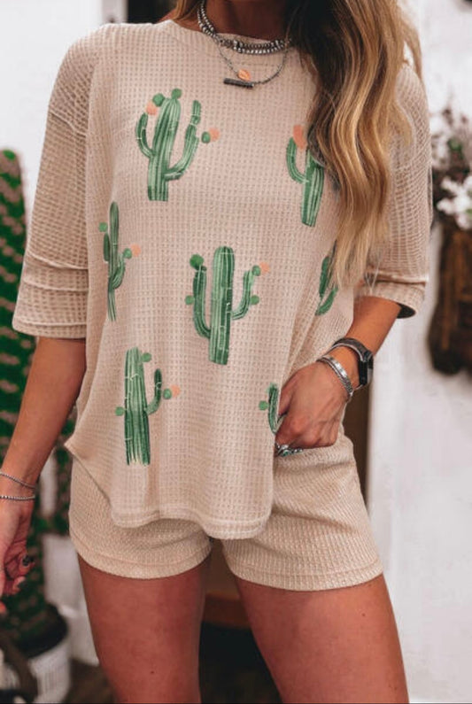 Light French Beige Cactus Forest Waffle Half Sleeve Tee Short Set