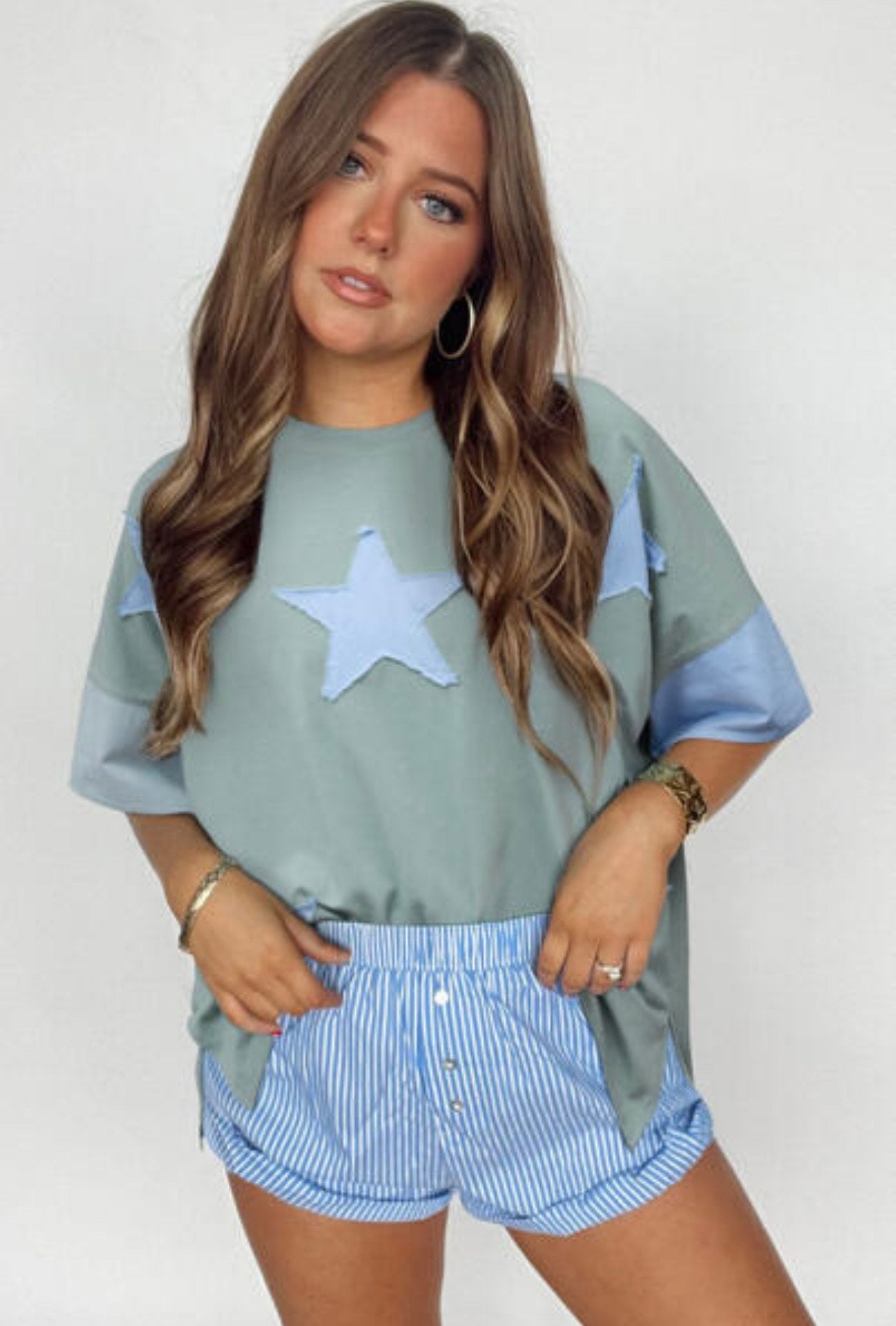 Smoke Green Frayed Denim Star Patched Oversize T-Shirt