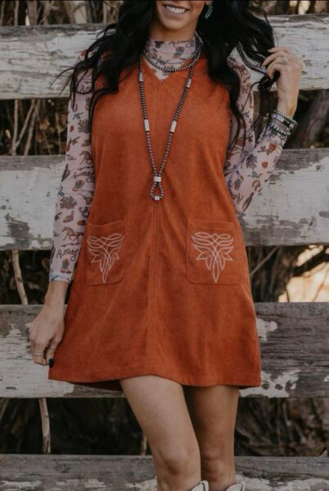 Gold Flame Corduroy Western Embroidered Patched Pocket Shift Sleeveless Mini Dress