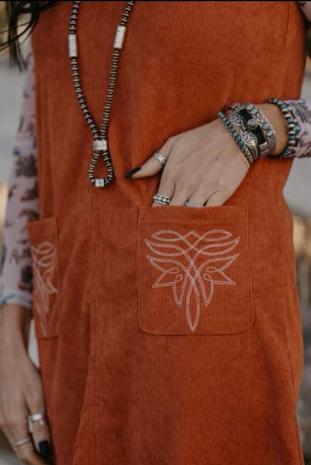 Gold Flame Corduroy Western Embroidered Patched Pocket Shift Sleeveless Mini Dress