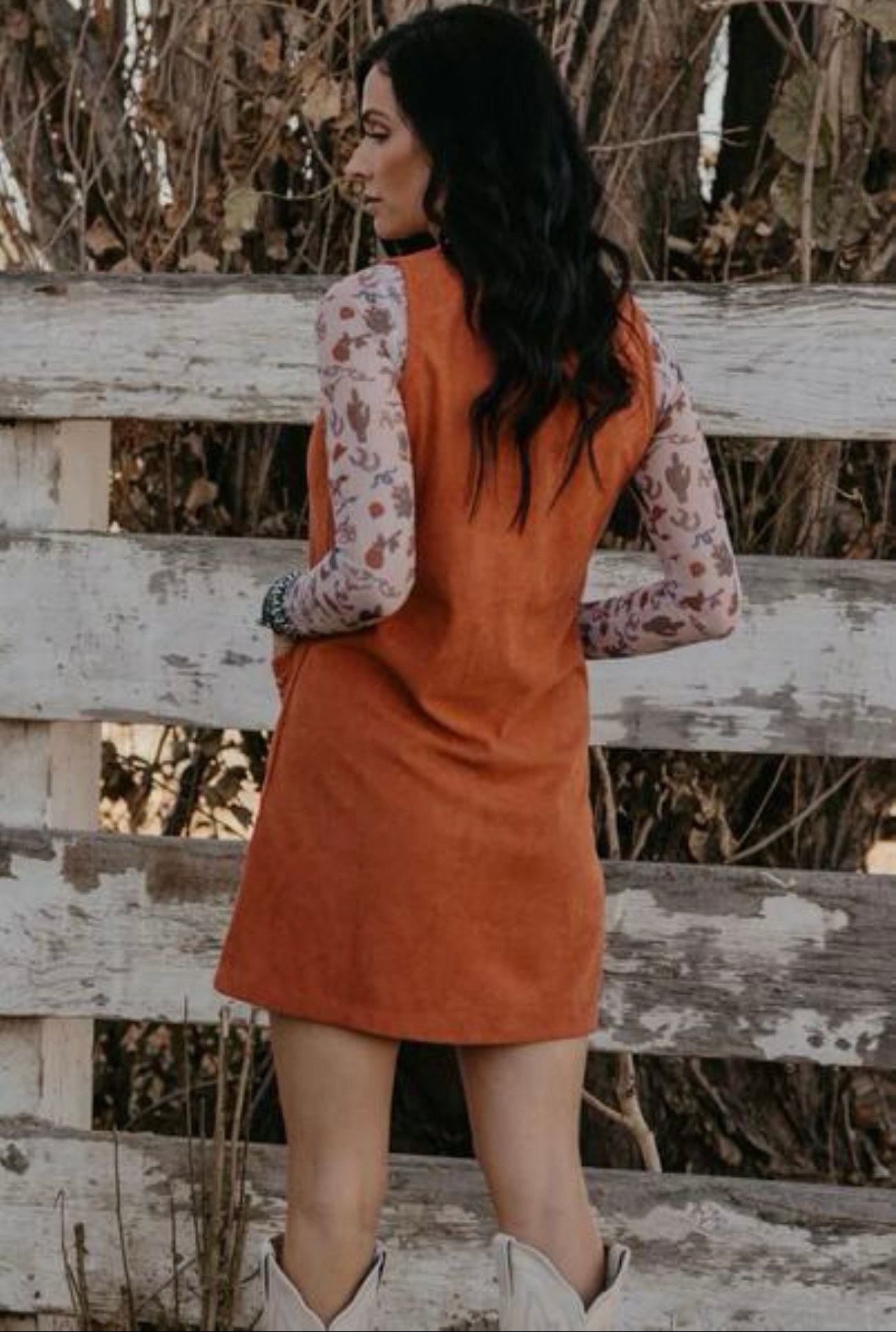 Gold Flame Corduroy Western Embroidered Patched Pocket Shift Sleeveless Mini Dress