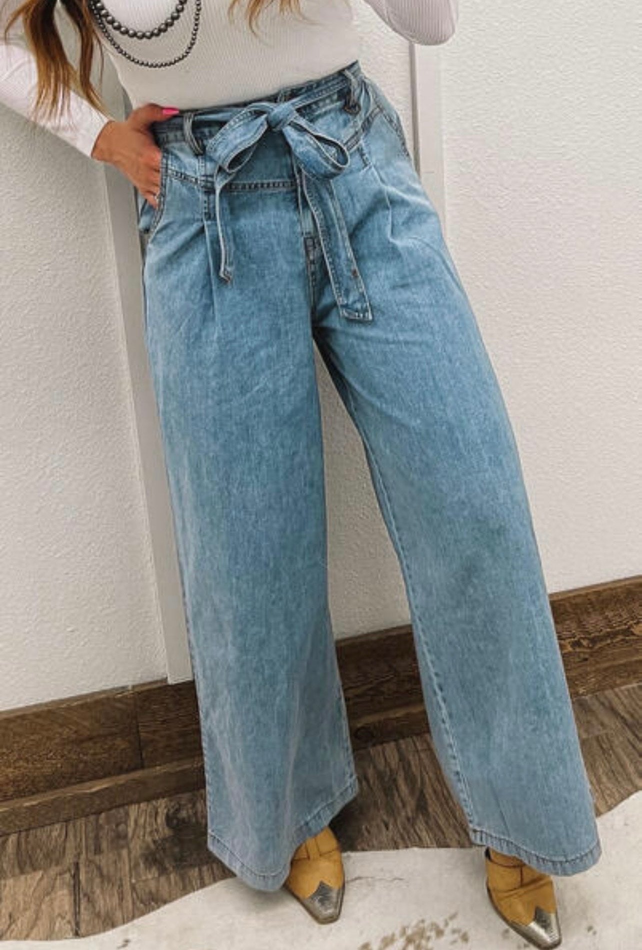 Beau Blue Western Washed Bow Knot Sash Wide Leg Jeans