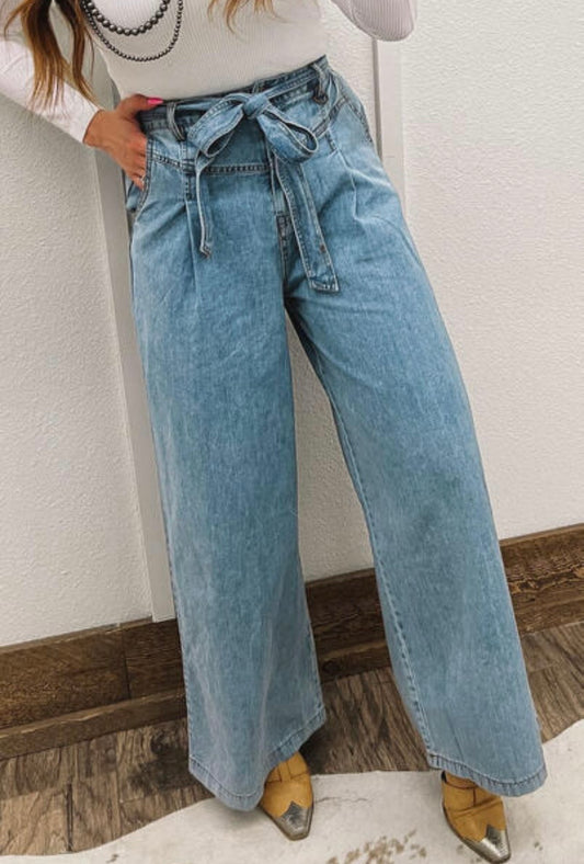 Beau Blue Western Washed Bow Knot Sash Wide Leg Jeans