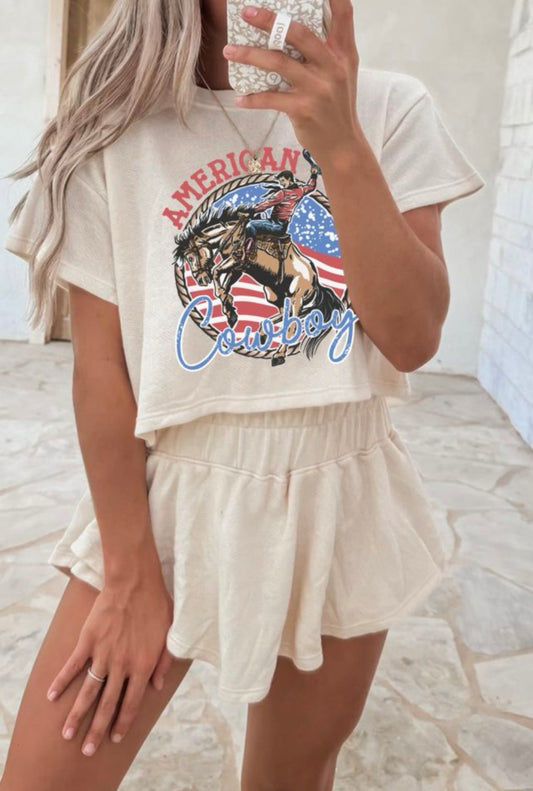 Beige American Cowboy Western Graphic Tee and Ruffle Skort 2pcs Set