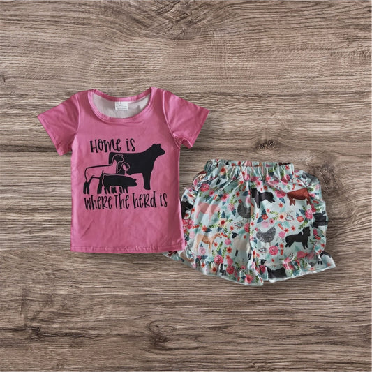 Pink T-shirt Farm Exquisite Ruffles Shorts Set