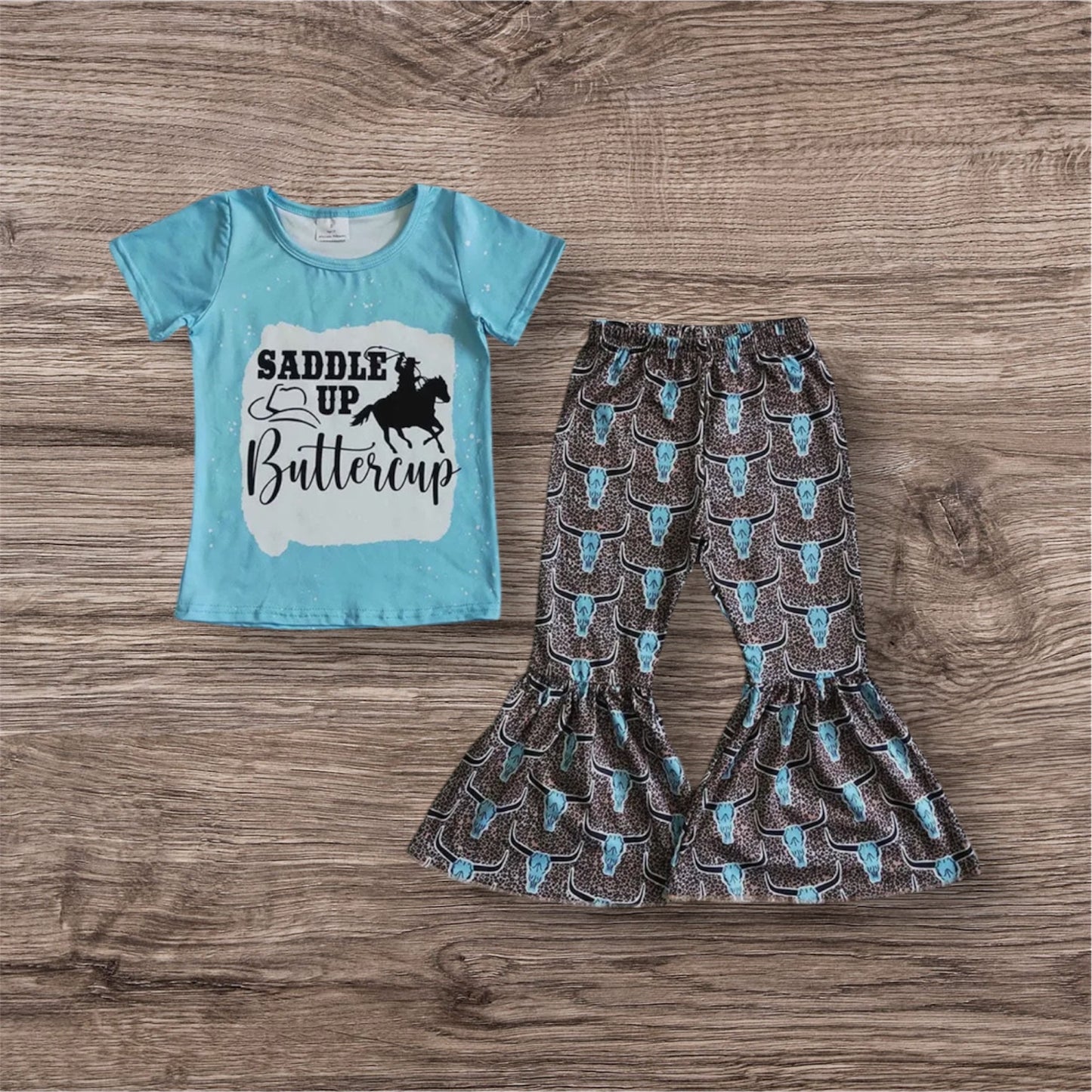 Baby Girls Saddle Up Western Blue Tee and Bell Bottoms