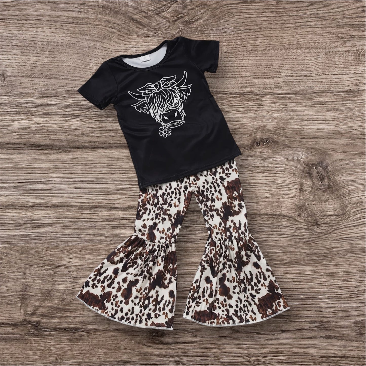 Girls Black Highland Cow Bell Bottom Pants Set