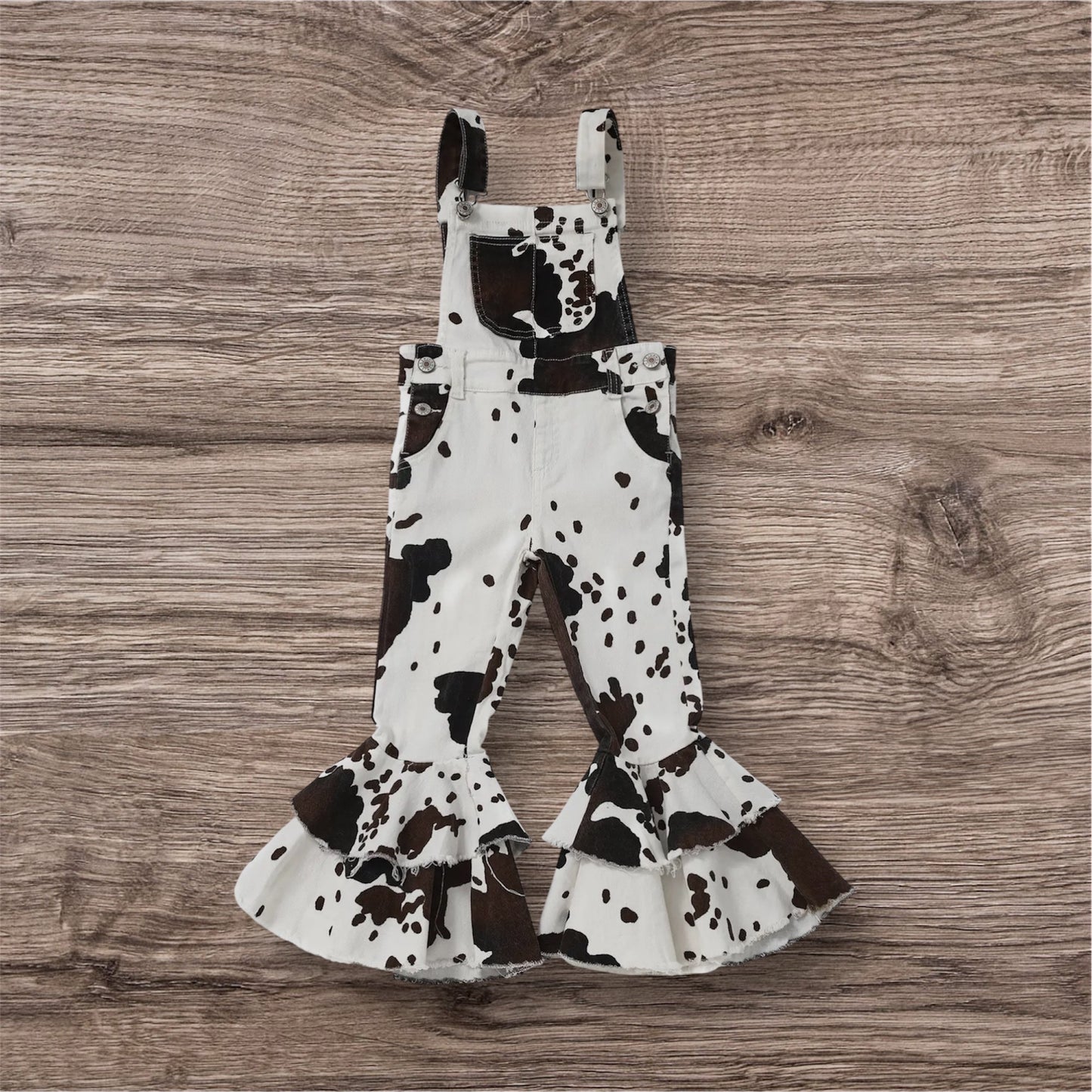 Girls Cow Print Denim Double Layer Overalls