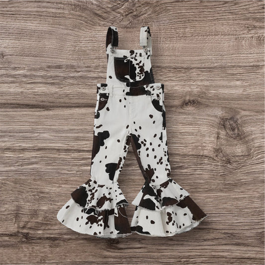 Girls Cow Print Denim Double Layer Overalls